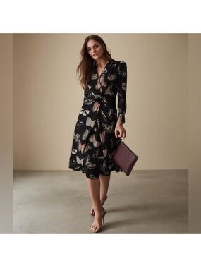 REISS Lita Knotted Waist Buttetflies Dragonflies and Beetles V Neck MIDI Dress